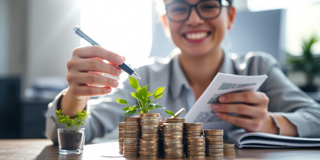 Pessoa sorrindo, planejando finanças cuidadosamente.