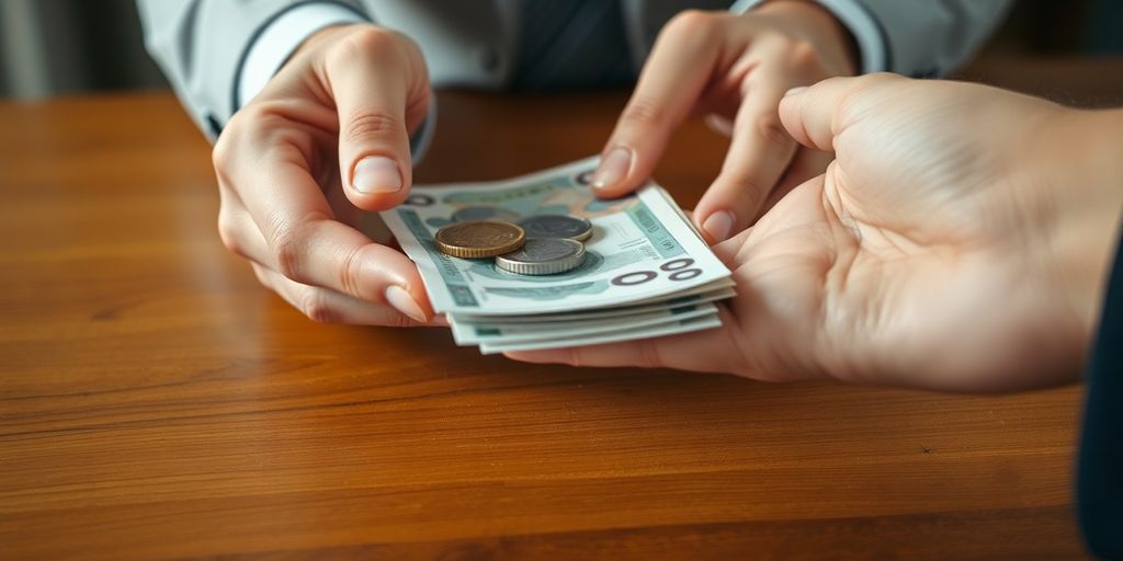 Mãos negociando dívidas com notas e moedas